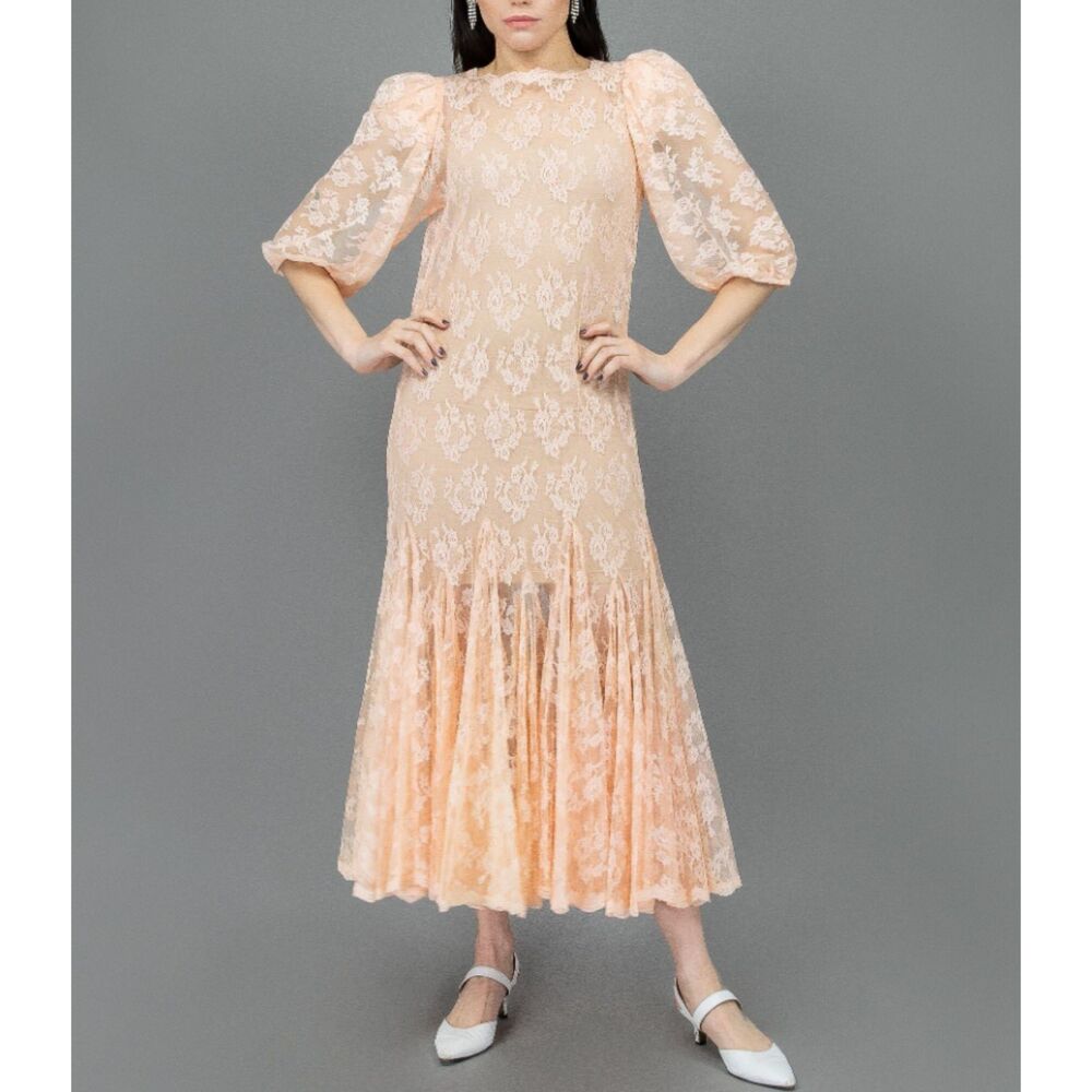 Vintage 80s Peach Lace Midi Dress Puff Sleeve Mermaid Hem Bridal Formal Small